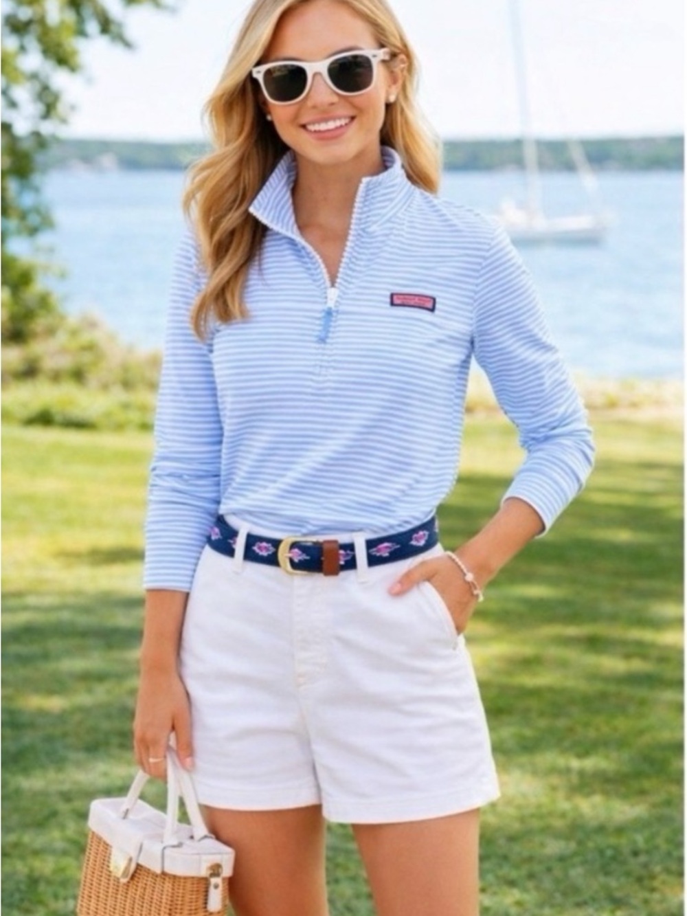 Vineyard Vines Blue Striped Performance Sankaty Shep Shirt Quarter-Zip Pullover - Picture 2 of 11